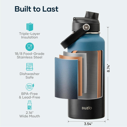 BUZIO 40oz Insulated Water Bottle, Triple Wall Vacuum Stainless Steel Water Flask with 2 lids, Lead-Free BPA-Free Straw Lid Sports Canteen Jug, Cold 48H & Hot 24H- Black - Colors B
