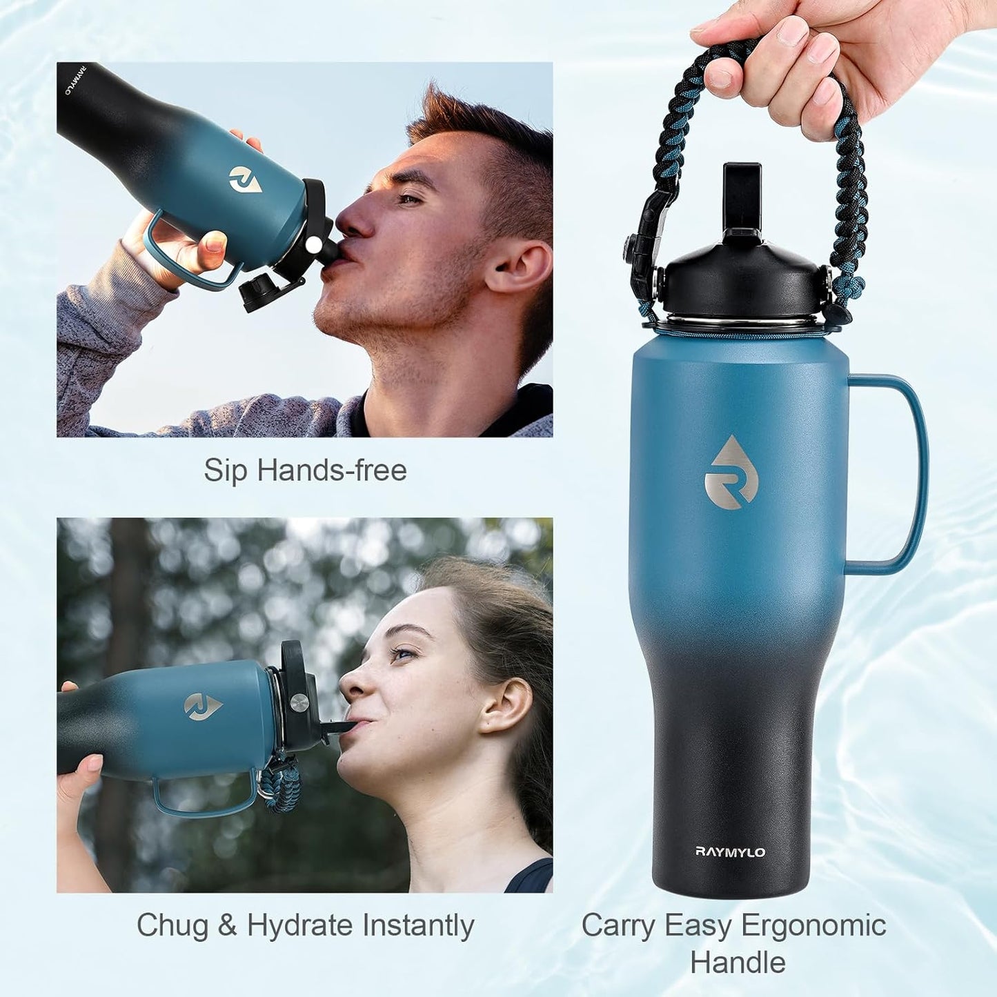 RAYMYLO 40 oz Insulated Water Bottle with Straw fit in Car Cup Holder, Triple Wall Vacuum Stainless Steel(Cold 48 hrs, Hot 24 hrs), Leakproof & Non-BPA, Hydro Travel Flask with Straw and Spout Lid