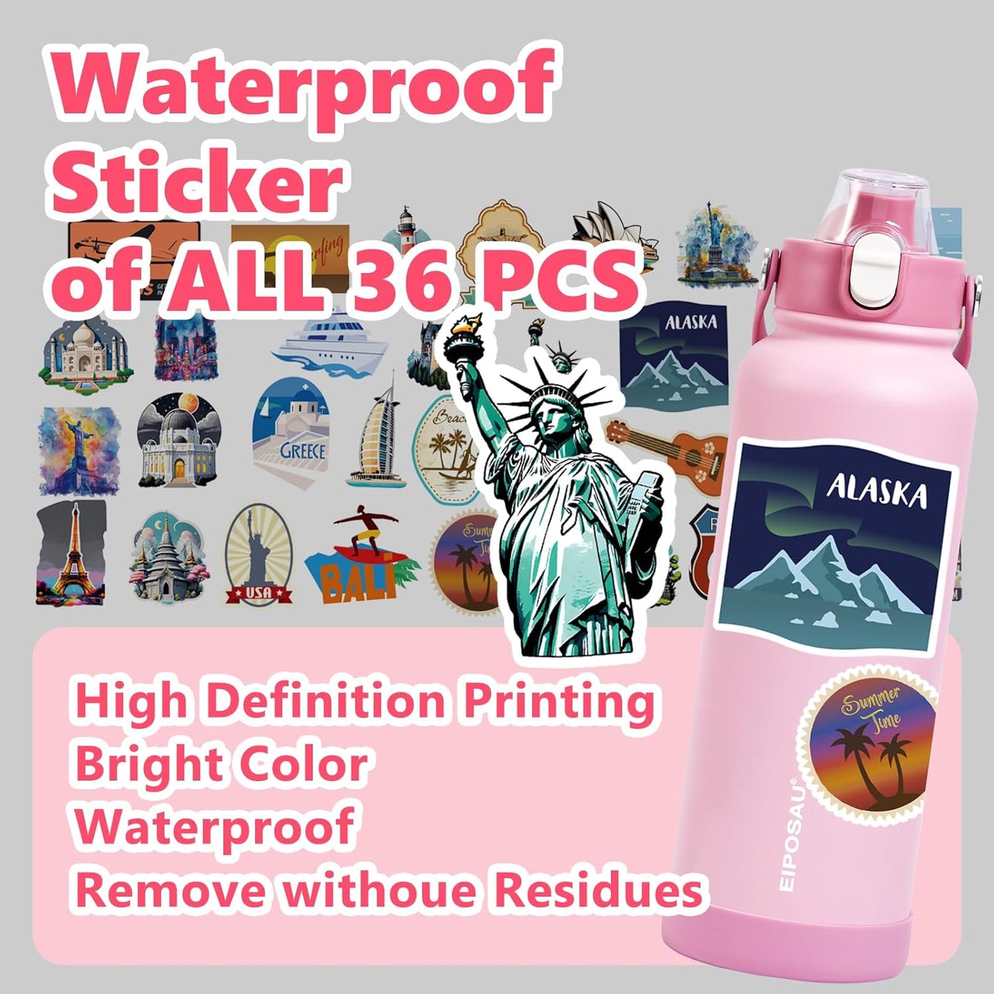 Insulated Water Bottle with Lid & Boot & Stickers, 24 oz Stainless Steel Sweat Free Bottle Keep Cold 24H, BPA-Free Sports Wide Mouth Water Bottle, BlueBlack