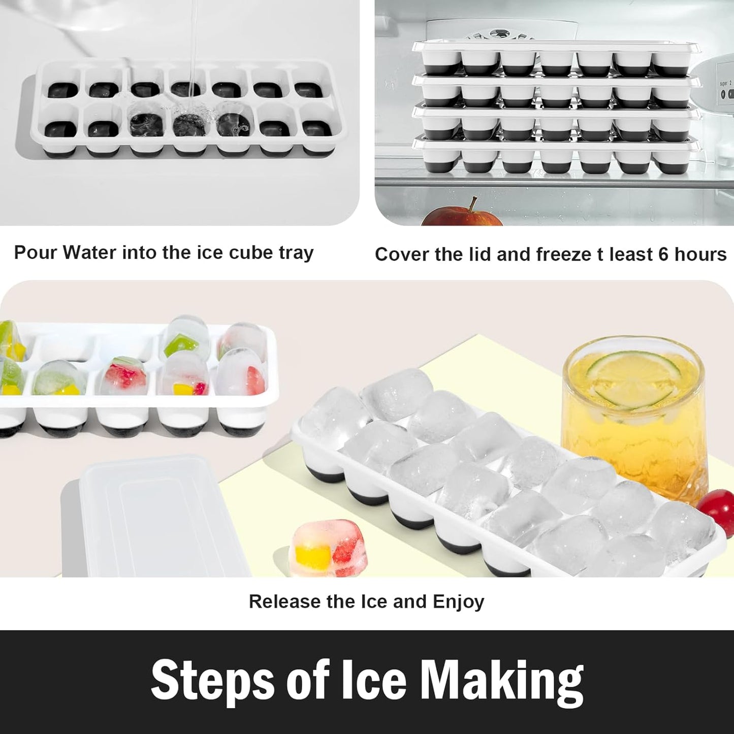 3 Pack Ice Cube Trays with Lid for Freezer, Flexible Silicone Bottom for Easy Release, Stackable Space-Saving Ice Molds, 1.2" Cubes Color-Coded (2 Green 1 Blue) for Juice, Coffee & Cocktails, BPA Free