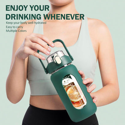 64oz Glass Water Bottles with Straw, Half Gallon Motivational Glass Bottle with Silicone Sleeve and Time Marker, 2L Leakproof Large Glass Water Jug for Gym Home Office,olive