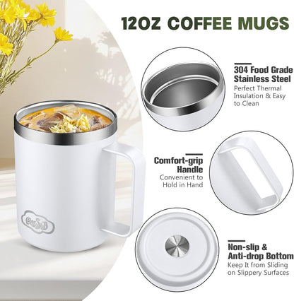 12oz Insulated Coffee Mug with Handle, Stainless Steel Wide Mouth Travel Tumblers with Lid, Double Wall Vacuum Coffee Cup for Camping, Office, Army Green 4 Pack