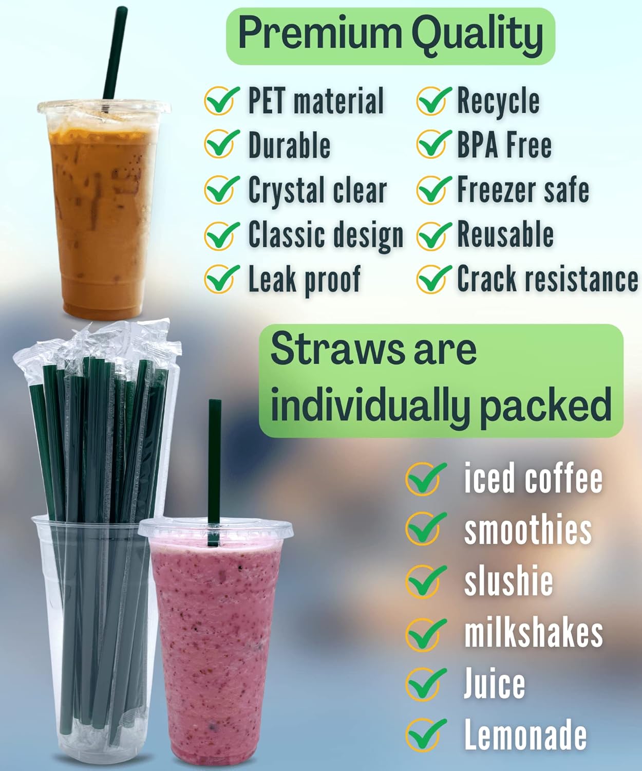 Cappatua 20 oz Clear Plastic Cups with Lids and STRAWS, Disposable Drinking Cups for Cold Drinks, Iced Coffee, Milkshakes, Smoothies, 25 Sets