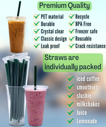 Cappatua 20 oz Clear Plastic Cups with Lids and STRAWS, Disposable Drinking Cups for Cold Drinks, Iced Coffee, Milkshakes, Smoothies, 25 Sets