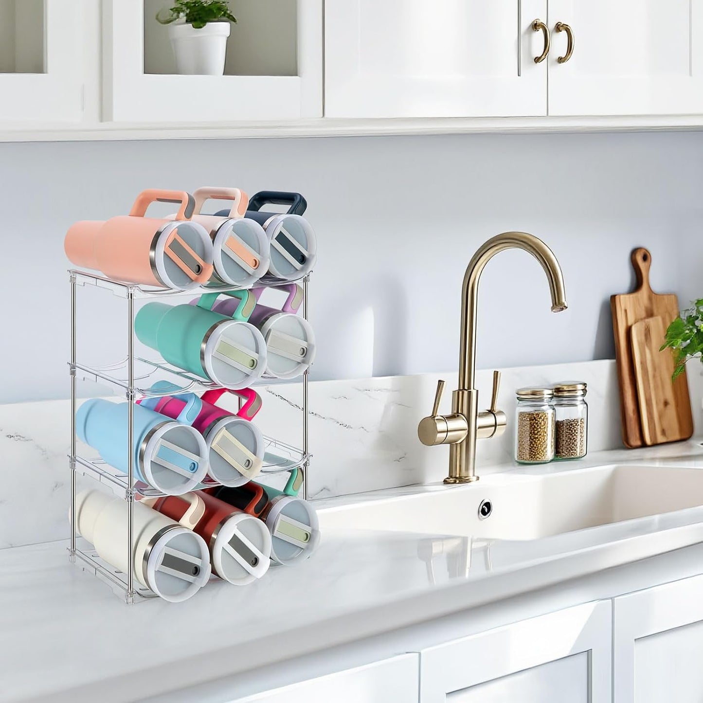 Sbosbo Water Bottle Organizer for Stanley 40 oz Tumbler, Stackable Water Bottle Holder for Kitchen Fridge Cabinet Organization and Storage, Plastic Wine Rack/Drink Bottle Holder (4 Pack - Hold 12)