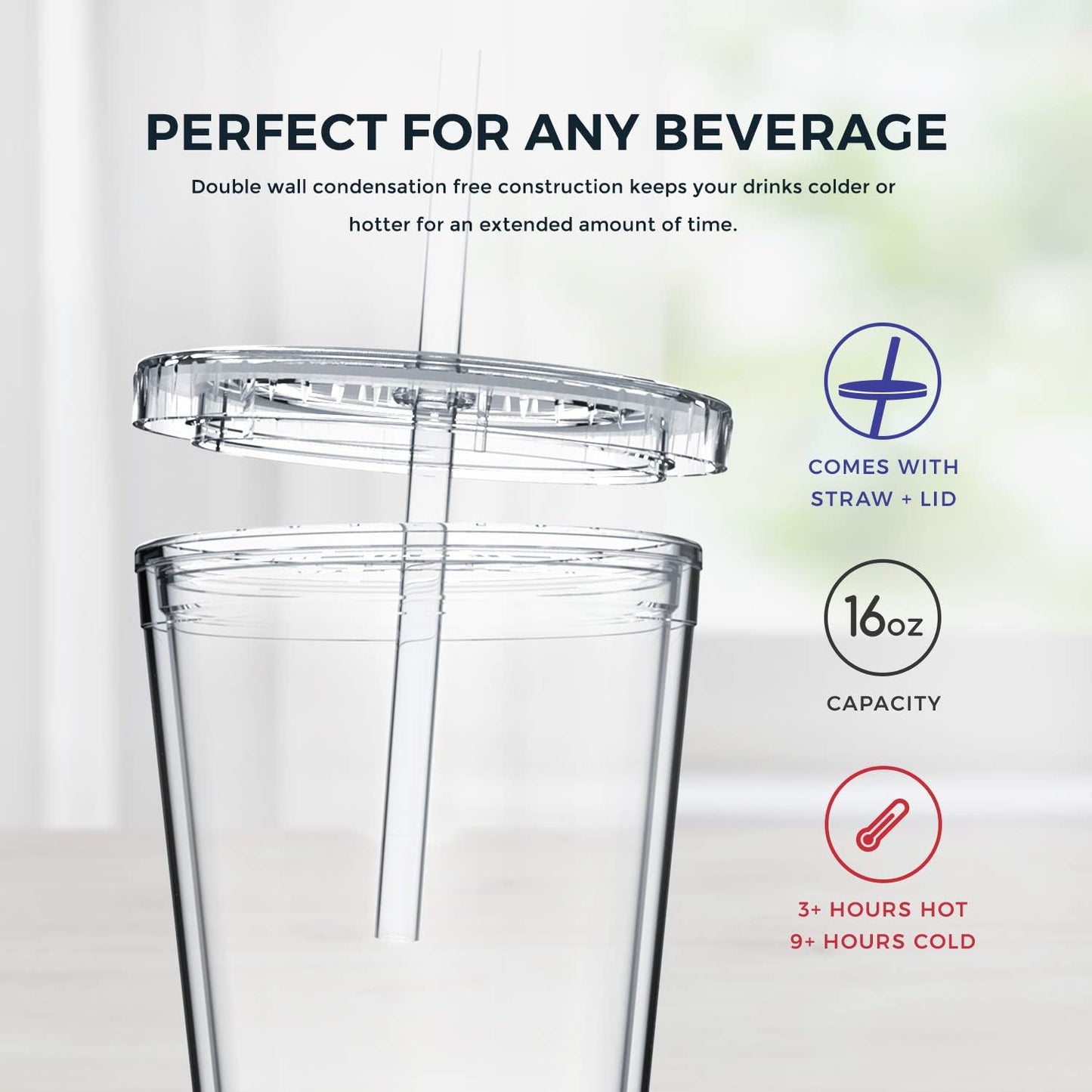 Maars Classic Clear Tumbler with Lid and Straw | 16oz Premium Acrylic, Insulated Double Wall Plastic Reusable Cups, BPA-Free To Go Cups for Ice Coffee, Fruit Teas & Water