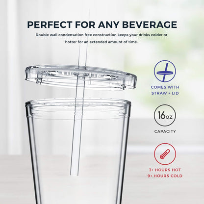 Maars Classic Clear Tumbler with Lid and Straw | 16oz Premium Acrylic, Insulated Double Wall Plastic Reusable Cups, BPA-Free To Go Cups for Ice Coffee, Fruit Teas & Water