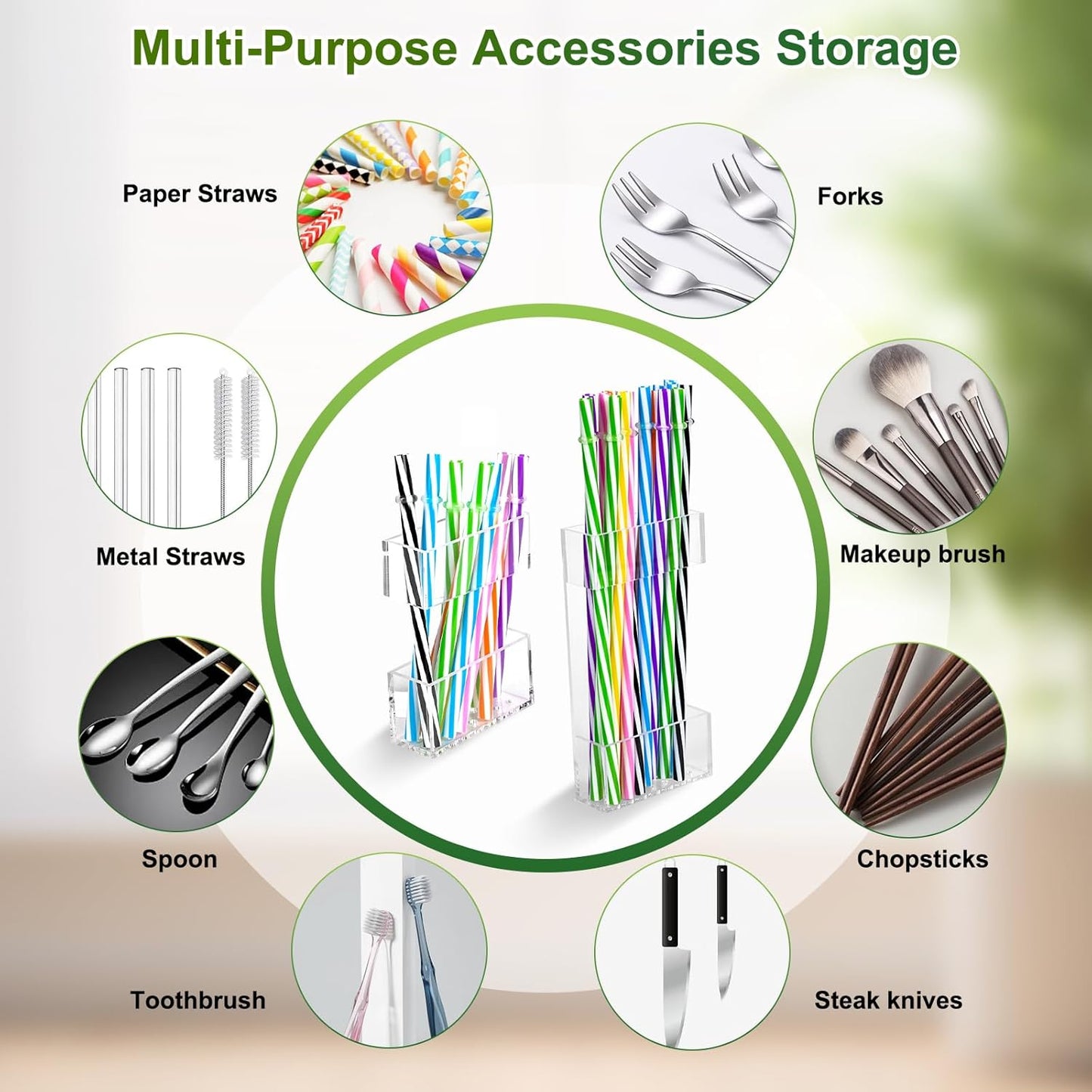 2 PACK Acrylic Straw Holder for Cabinet Doors, Reusable Straw Organizer with Ultra-Sticky Adhesive, Small Kitchen Accessories Container, Fits Both Short & Long Straws(Black)