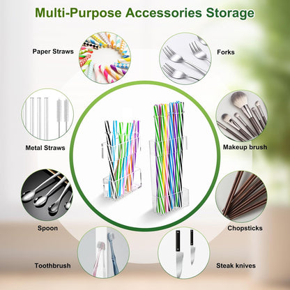 2 PACK Acrylic Straw Holder for Cabinet Doors, Reusable Straw Organizer with Ultra-Sticky Adhesive, Small Kitchen Accessories Container, Fits Both Short & Long Straws(Black)