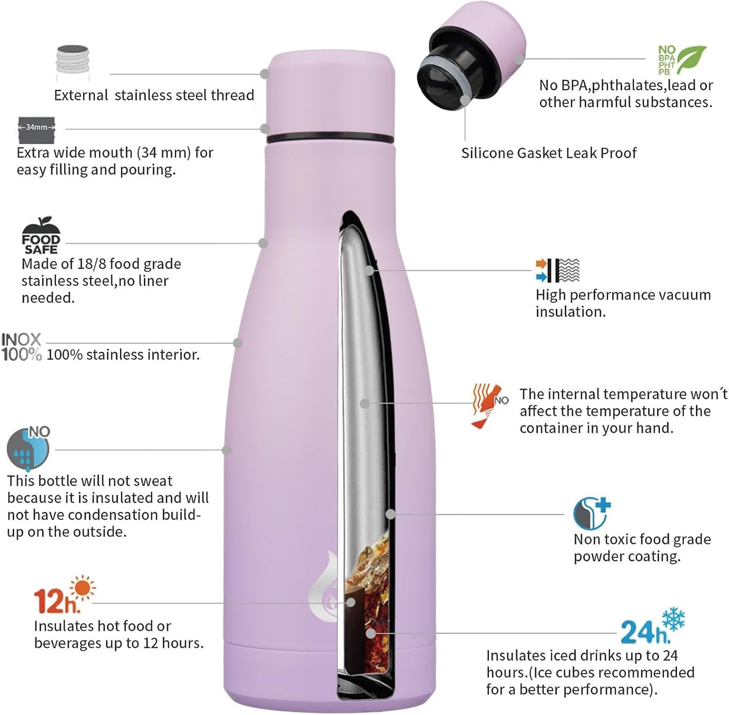 BJPKPK Insulated Water Bottle 12oz Small Stainless Steel Water Bottles Reusable Metal Thermal Keep Cold and Hot,Dreamy Purple - Colors A