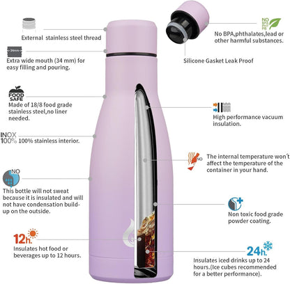 BJPKPK Insulated Water Bottle 12oz Small Stainless Steel Water Bottles Reusable Metal Thermal Keep Cold and Hot,Dreamy Purple - Colors A