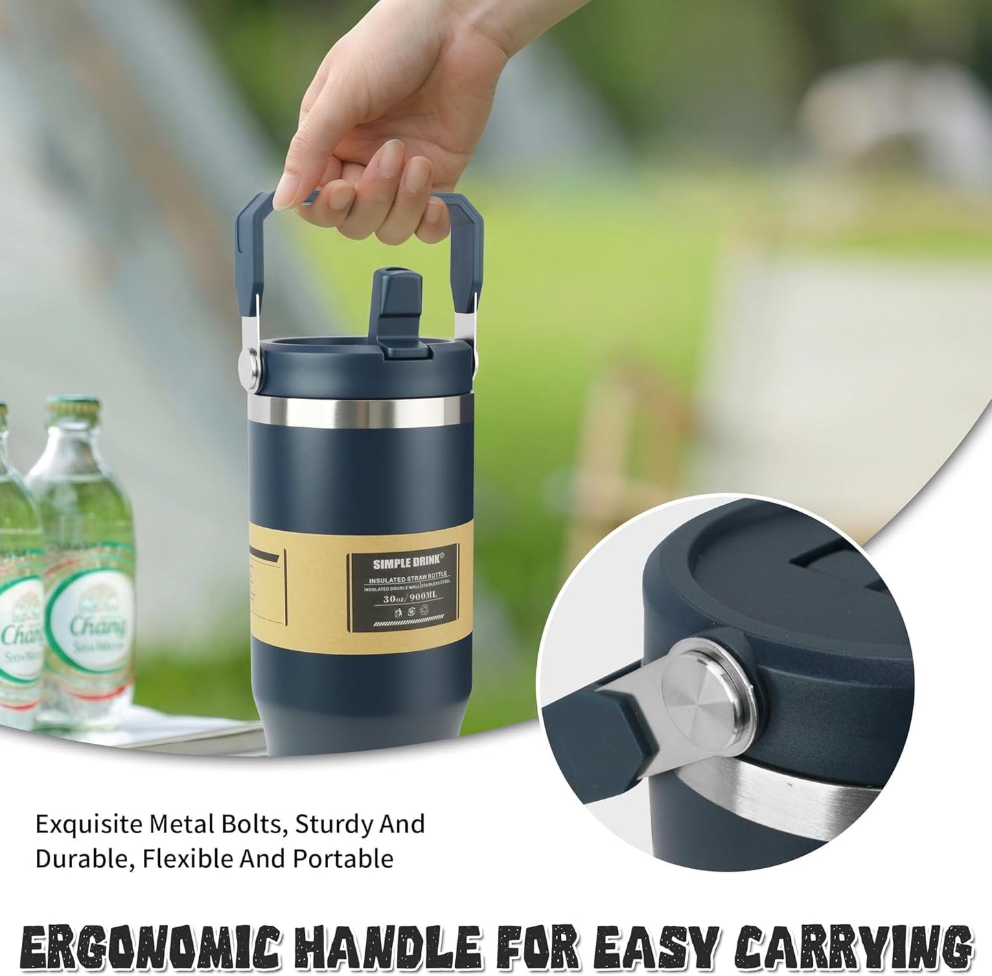 30oz Flip Straw Insulated Water Bottle with Handle, Leak Proof Stainless Steel Travel Tumbler With Lid, Double Wall Vacuum Iced Coffee Travel Mug, Sport Cup, Outside use