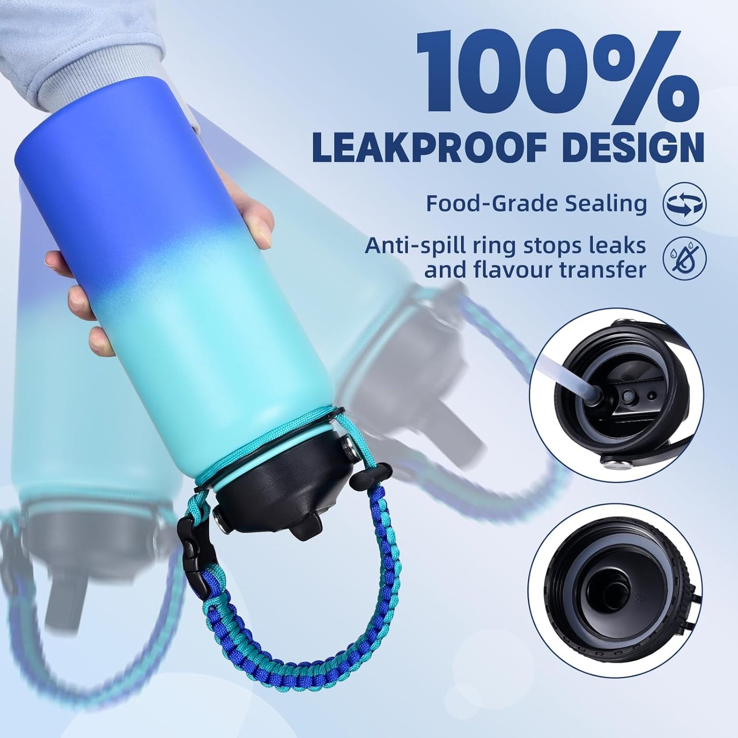 Insulated Water Bottle, 32 oz Stainless Steel Wide Mouth Water Bottles with 2 Leak Proof Lid and Paracord Handle, Double Wall Vacuum Insulated Sports Water Bottle, Purple Black