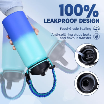 Insulated Water Bottle, 32 oz Stainless Steel Wide Mouth Water Bottles with 2 Leak Proof Lid and Paracord Handle, Double Wall Vacuum Insulated Sports Water Bottle, Purple Black