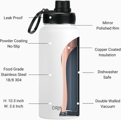 Drinco Stainless Steel Water Bottle Spout Lid Vacuum Insulated Double Wall Water Bottle Wide Mouth (40oz 32oz 22oz 18oz 14oz) Leak Proof Keep Cold Sport Camping Hiking (22 oz, 22oz Black)