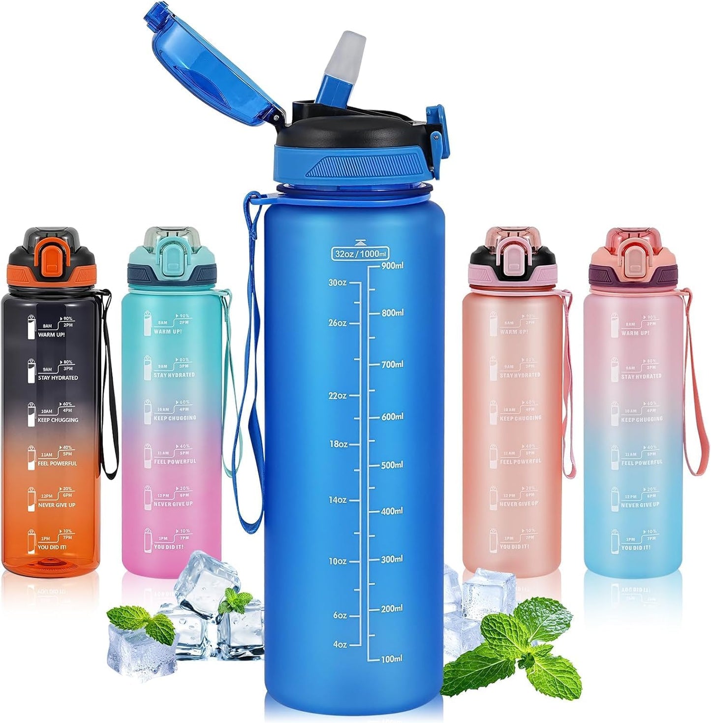 Water Bottle with Straw 1L,Boys Water Bottles with Straw 1 Litre,Waterbottle Leak-Proof Sports Water Bottle,Plastic Drinks Bottles Toxin Free，Bpa-Free (Cyan Black)