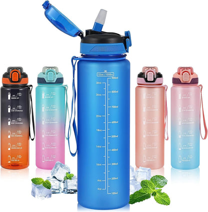 Water Bottle with Straw 1L,Boys Water Bottles with Straw 1 Litre,Waterbottle Leak-Proof Sports Water Bottle,Plastic Drinks Bottles Toxin Free，Bpa-Free (Cyan Black)