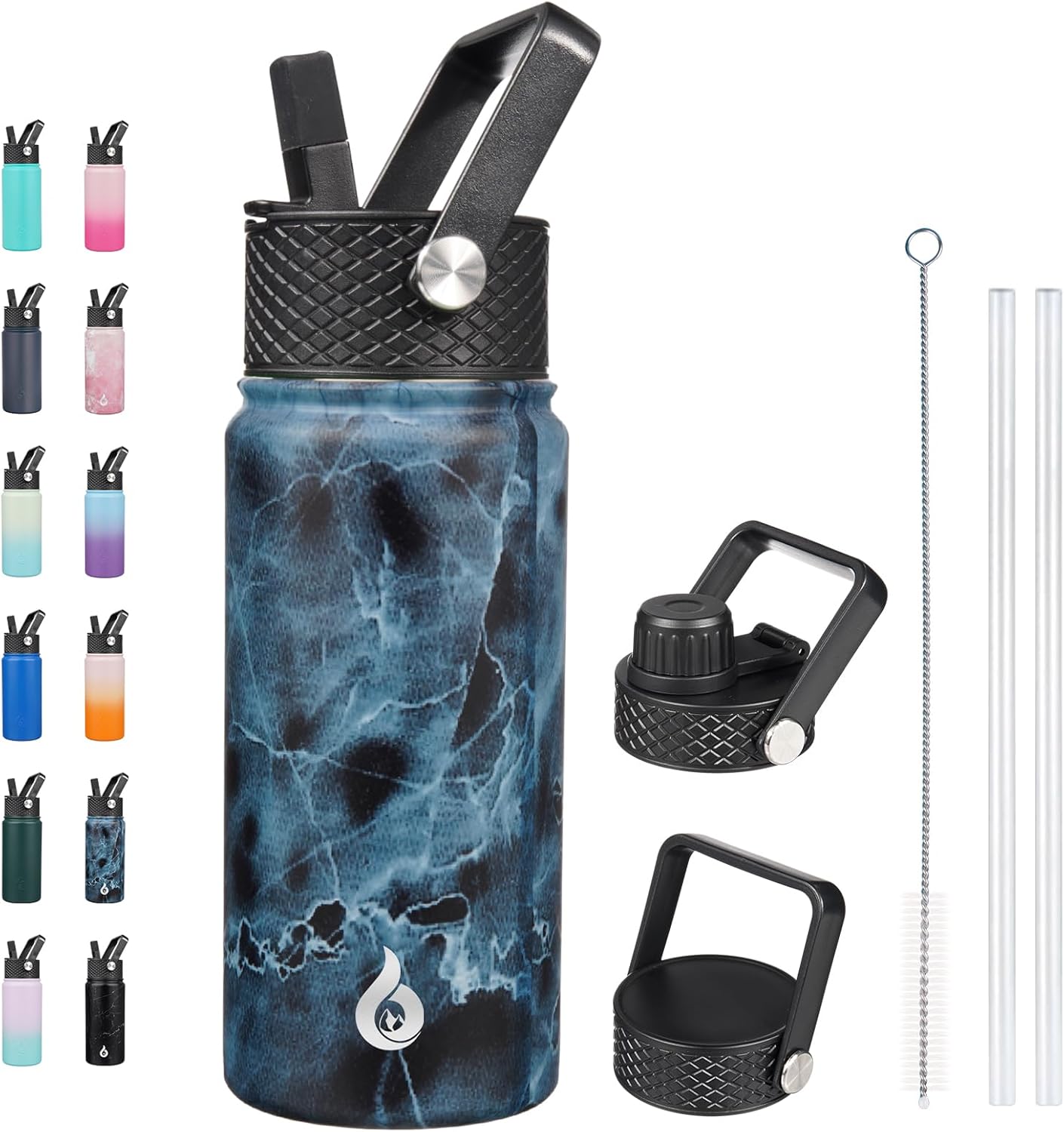 BJPKPK Insulated Water Bottles with Straw Lid, 40oz Stainless Steel Water Bottles with 3 Lids, BPA Free Leakproof Thermo, Tumblers, Cups for Sports, Gym- Midnight - Colors B