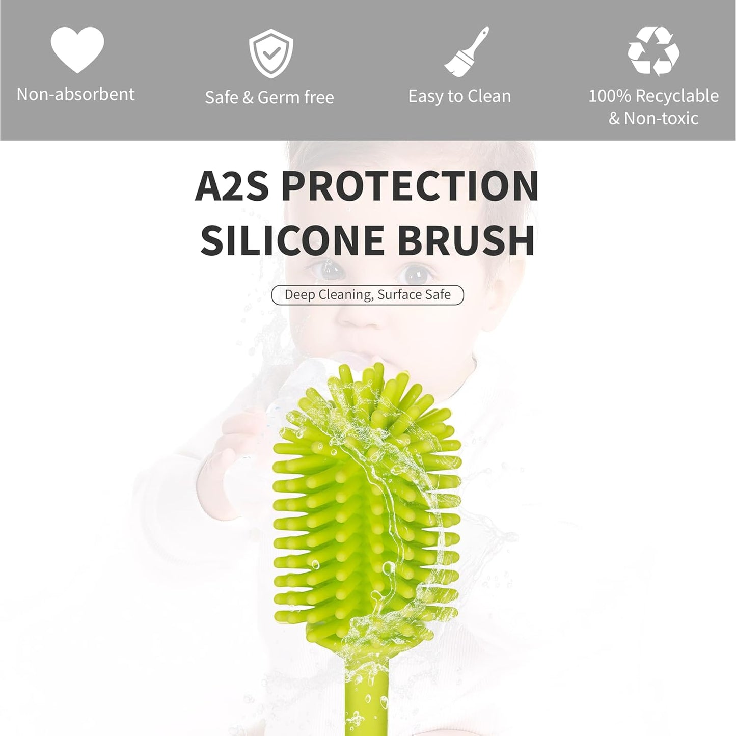 A-Brush Silicone Bottle Cleaner Brush, 2 Piece Set, Flexible, Long Handle - Water Bottle Cleaner, Baby Bottle Nipple Brush for Plastic & Glass, BPA-Free Dish Washing Brush A2S Protection