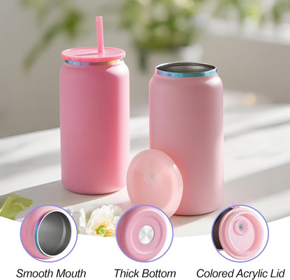 6 Pack Glass Cups with Lids and Straws Unbreakable 16 oz Stainless Steel Can Cup Double Wall Insulated Beer Can Tumbler for Iced Coffee, Juice, Soda, Matte-Colored
