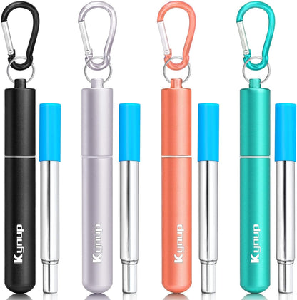 Kynup 4Packs Reusable Straws, Metal Straw with Silicon, Travel Drinking Straws with Case, Keychain, Cleaning Brushes, Silicon Pcs Perfect for Travel, Gifts (20 PCS) Blue-Black-Silver-Turquoise