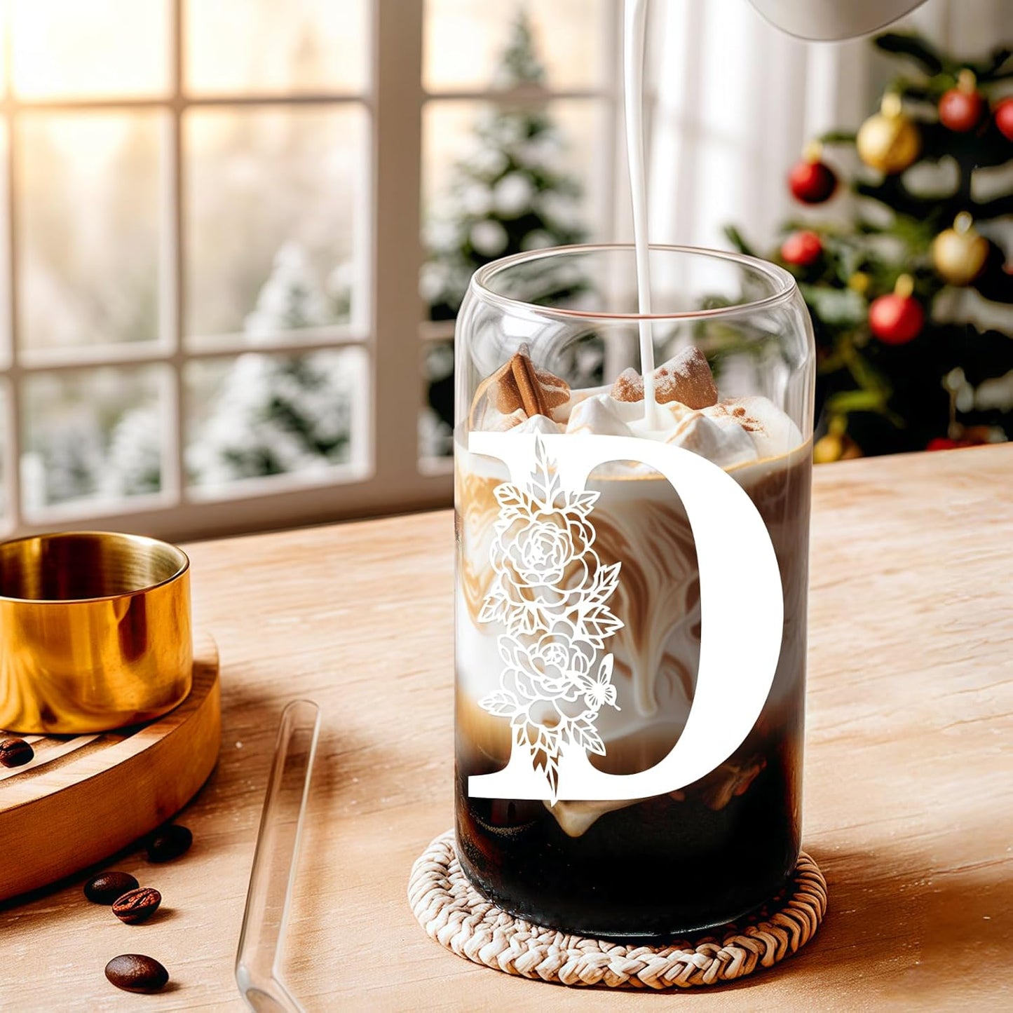 Glass Cups with Lids and Straws: Personalized Initial Glass Cup Be Used As Reusable Iced Coffee Cups with Lids,Cute Matcha Tumbler - The Christmas/Birthday Gifts for Women - M Smoothie Cup