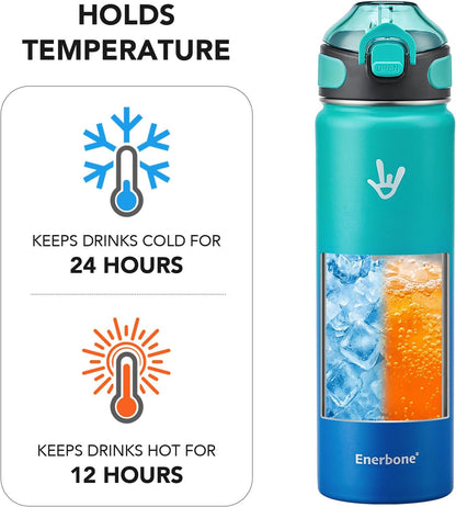 Enerbone 24 oz Insulated Water Bottle, Stainless Steel Bottle with Carrying Strap, Double-Wall Vacuum Insulation Design, Leakproof Sports Bottle with Straw, Keep Drinks Cold or Hot for Hours