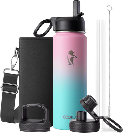 Half Gallon Water Bottle Insulated with Straw & 3 Lids, Coolflask 64 oz Water Jug Large Metal Stainless Steel Wide Mouth for Sports, Gym or Office, Non-BPA Keep Cold 48H Hot 24H, Samurai Cyan