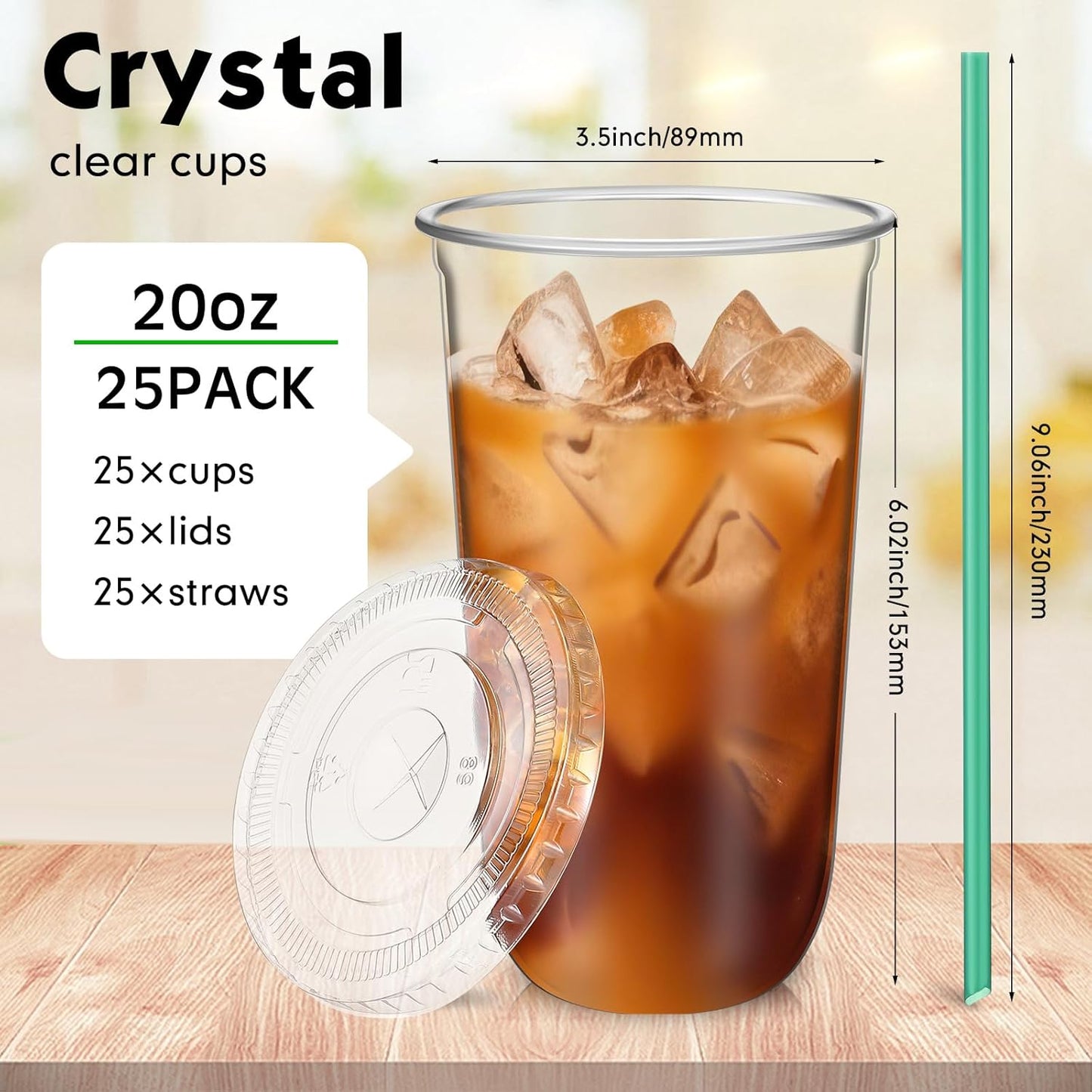 Baderke 25 Set Plastic Cups with Lids and Straws, Disposable Plastic Iced Coffee Cup for Cold Beverage Juice Smoothie Crystal for Coffee Shops Party Catering(Clear,16 oz)
