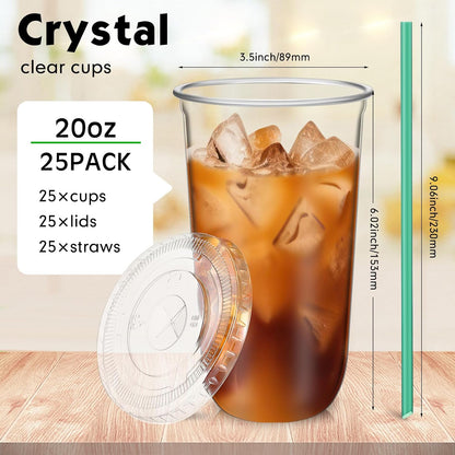 Baderke 25 Set Plastic Cups with Lids and Straws, Disposable Plastic Iced Coffee Cup for Cold Beverage Juice Smoothie Crystal for Coffee Shops Party Catering(Clear,16 oz)