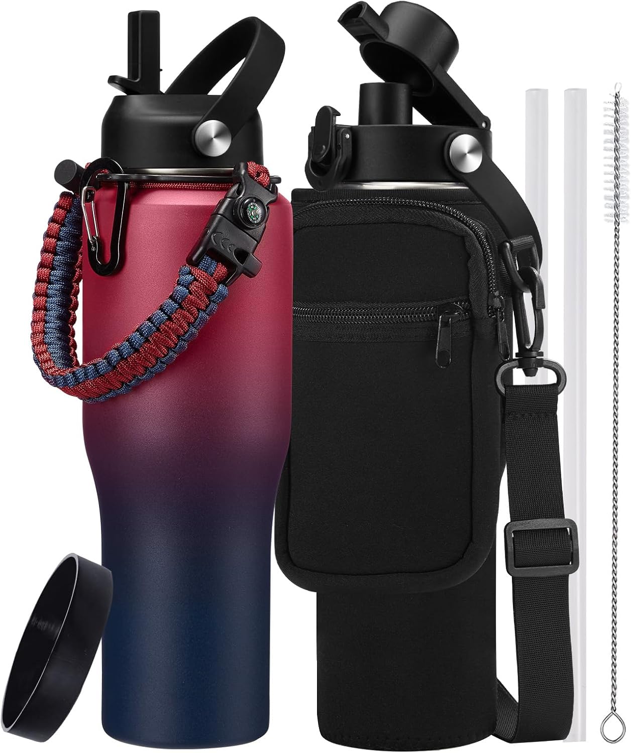 Insulated Water Bottle 40 oz - Fits in any Car Cup Holder, Keep Cold 48H Hot 24H, Stainless Steel Waterbottle Double Wall Flask with Straw, Pop-up Spout Lid, Paracord Handle, Carrier Bag