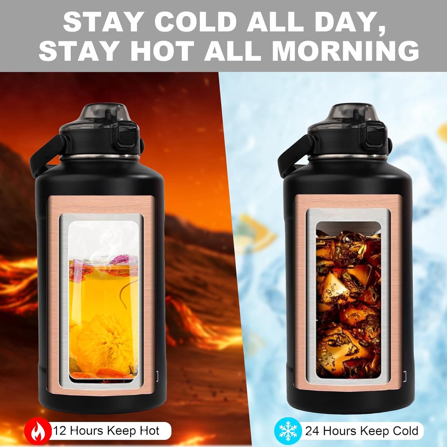 64oz Half Gallon Fruit Infuser Insulated Stainless Steel Water Bottle Jug, 48H Cold & 24H Hot, Large Capacity for Travel Hiking Mountain Climbing Black
