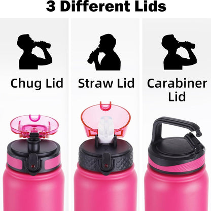 Oldley Insulated Water Bottle 20oz for Adults Kids Stainless Steel Water Bottles with Straw/Chug/Carabiner 3 Lids Fruit Strainer Double Wall Vacuum Wide Mouth BPA Free Leak-Proof for School Travel
