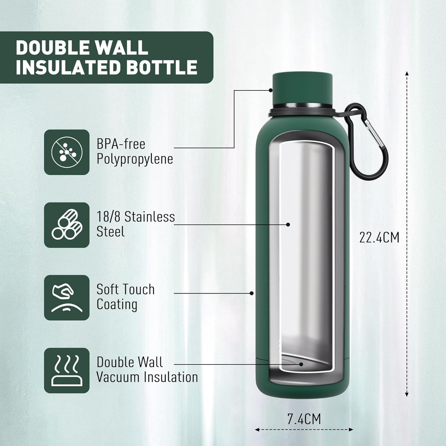 Exllena Slim Insulated Water Bottles for Travel 18oz with Clip, Double Wall Vacuum Stainless Steel Water Bottle Keeps Drinks Cold 24 Hrs/Hot 12 Hrs, 100% Leakproof, BPA Free(Black)