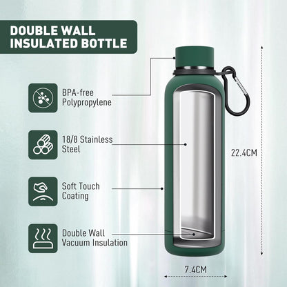 Exllena Slim Insulated Water Bottles for Travel 18oz with Clip, Double Wall Vacuum Stainless Steel Water Bottle Keeps Drinks Cold 24 Hrs/Hot 12 Hrs, 100% Leakproof, BPA Free(Black)