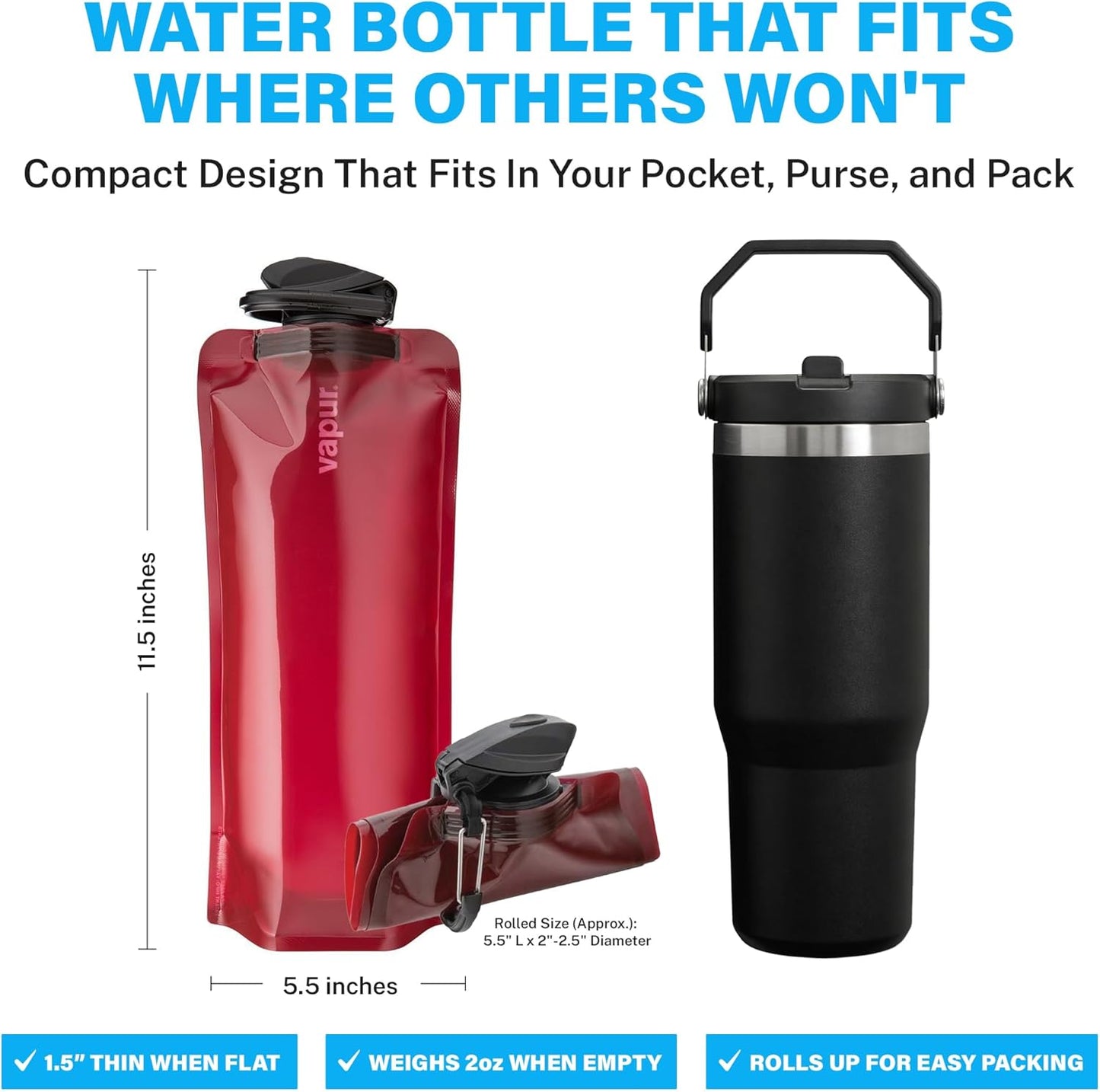 Vapur Collapsible Water Bottle with Carabiner - 34oz (1L), Night Blue - Flexible and Lightweight Water Bottle for Travel, Concert, Hiking, and Outdoor Adventures - BPA-Free, Dishwasher-Safe, Freezable