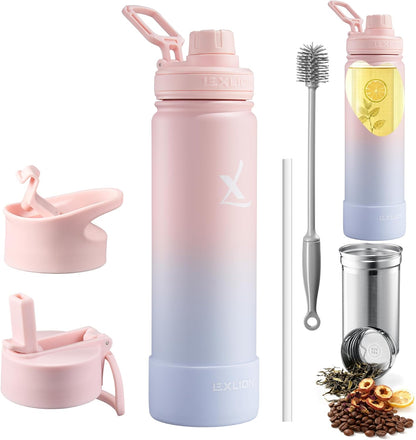 Lexlion Tea Infuser Water Bottle 32 Oz – Triple Wall Insulated Stainless Steel, Loose Leaf & Fruit Strainer, 3 Leakproof Lids, BPA-Free Silicone Sleeve, Reusable Thermal Mug