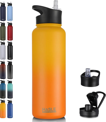 HASLE OUTFITTERS 32 oz Insulated Water Bottle Stainless Steel Double Walled Vacuum Sports Water Bottle with 2 Lids (Straw and Spout Lid) for Gym Camping Hiking(Black,1)