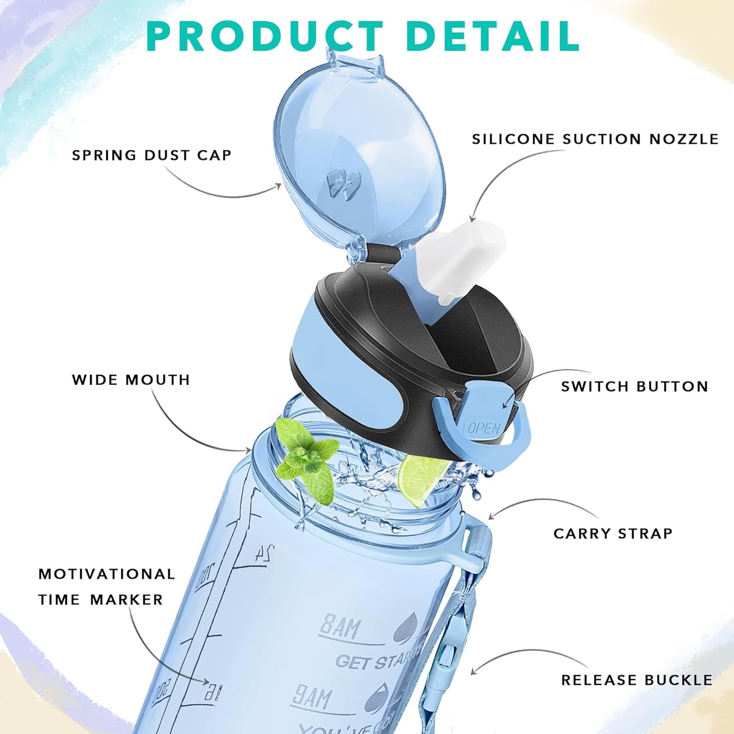 Enerbone 32 oz Drinking Water Bottle with Times to Drink and Straw, Motivational with Carrying Strap, Leakproof BPA & Toxic Free, Ensure You Drink Enough Water for Fitness Gym Outdoor
