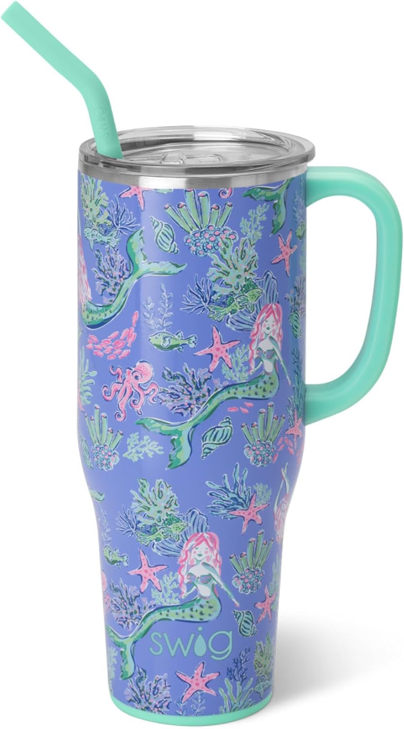 Swig Life 40oz Mega Mug, 40 oz Tumbler with Handle and Straw, Cup Holder Friendly, Dishwasher Safe, Extra Large Insulated Tumbler, Stainless Steel (Pickleball)