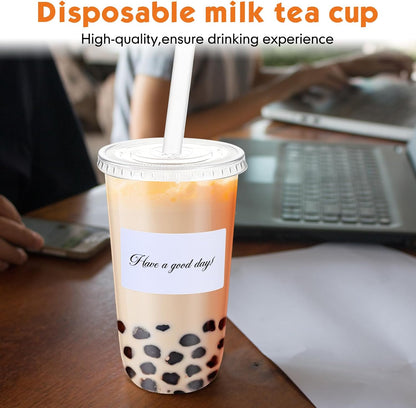Ziliny 50 Sets Crystal Clear Plastic Cups with Lids, Straws and Stickers, Disposable Iced Coffee Cups Thickened PET for Iced Coffee, Bubble BobaTea, Smoothie, Cold Drinks, Juice, Shops (12 oz)