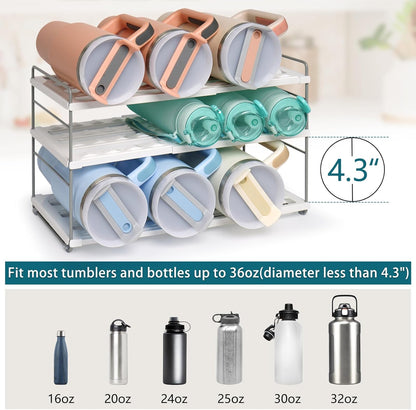 10.6-16.7" Adjustable Width Water Bottle Organizer for Cabinet, 3-Tier Expandable Water Bottle Holder Rack, Cup and Tumbler Storage for Kitchen Organization, Sports Flask, Insulated Travel Mug, Fridge