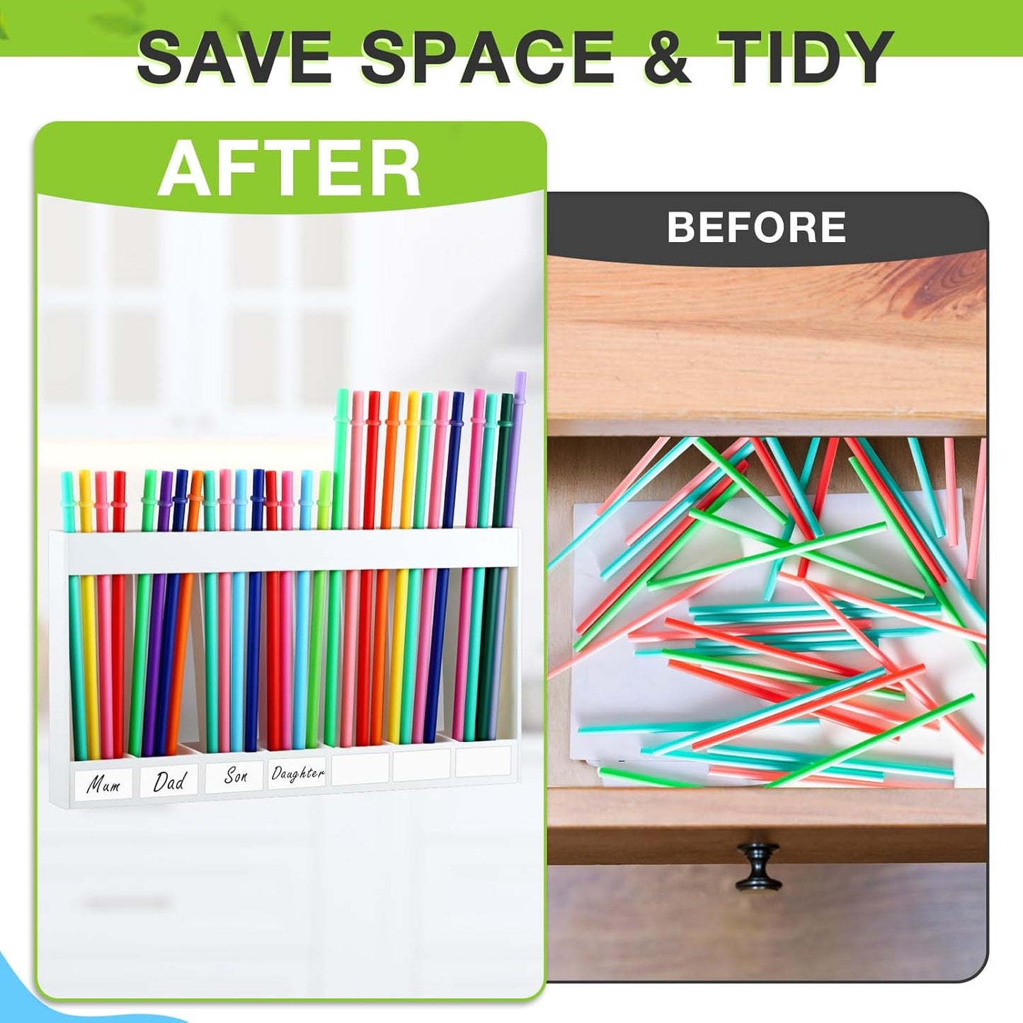 Qinyoung Acrylic Straw Holder for Cabinet Door with Double Sided Adhesive Tape Reusable Straw Organizer Tumbler Storage Kitchen Accessories Container for Counter Cupboard(Classic,Large,Transparent)