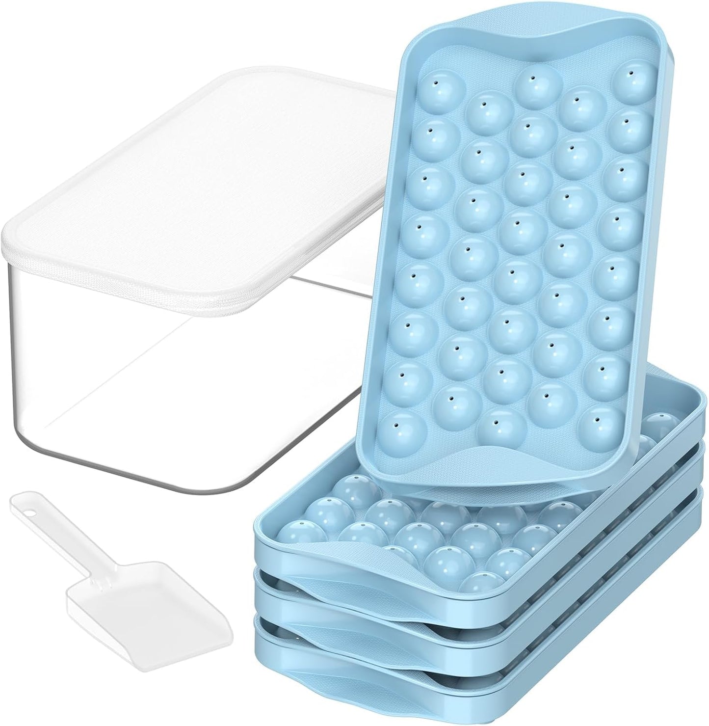 DOQAUS Ice Cube Trays with Lid and Bin, Easy Twist Release 0.8 Inch Mini Ice Balls, BPA-Free Food-Grade Ice Molds for Freezer, Iced Coffee, Cocktails (4 Pack)