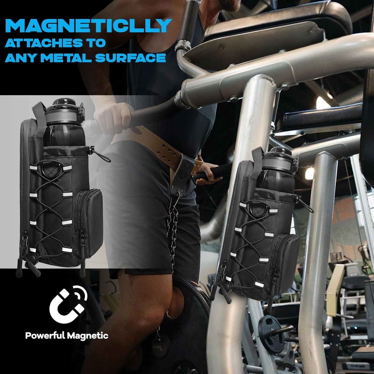 JACZZO Magnetic Gym Bag for Men and Women, Magnetic Water Bottle Holder for Gym, Small Gym Bag, Gym Gifts for Women and Men (Black, <40 OZ)