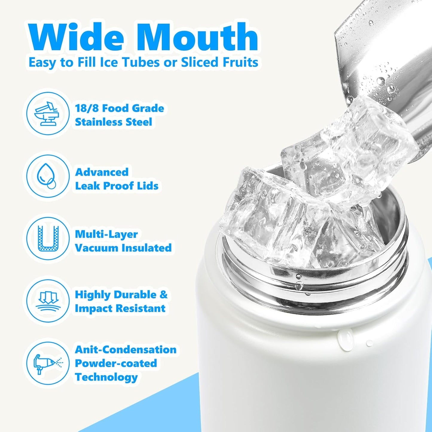 Insulated Water Bottle with Lid & Boot & Stickers, 24 oz Stainless Steel Sweat Free Bottle Keep Cold 24H, BPA-Free Sports Wide Mouth Water Bottle, BlueBlack