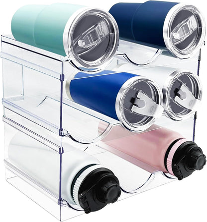 Spaclear 2 Pack Water Bottle Organizer, Stackable Kitchen Pantry Storage Shelf, Plastic Water Bottle Holder for Cabinet and Fridge Organization