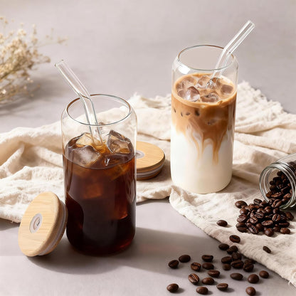 DWTS DANWEITESI Iced Coffee Cups with Lids 2 pcs,16 oz Glass Cups with Lids and Straws as Coffee Bar Accessories,Beer Drinking Glasses,Reusable Glass Tumbler,Cute Coffee Cups for Coffee, Juice, Gifts