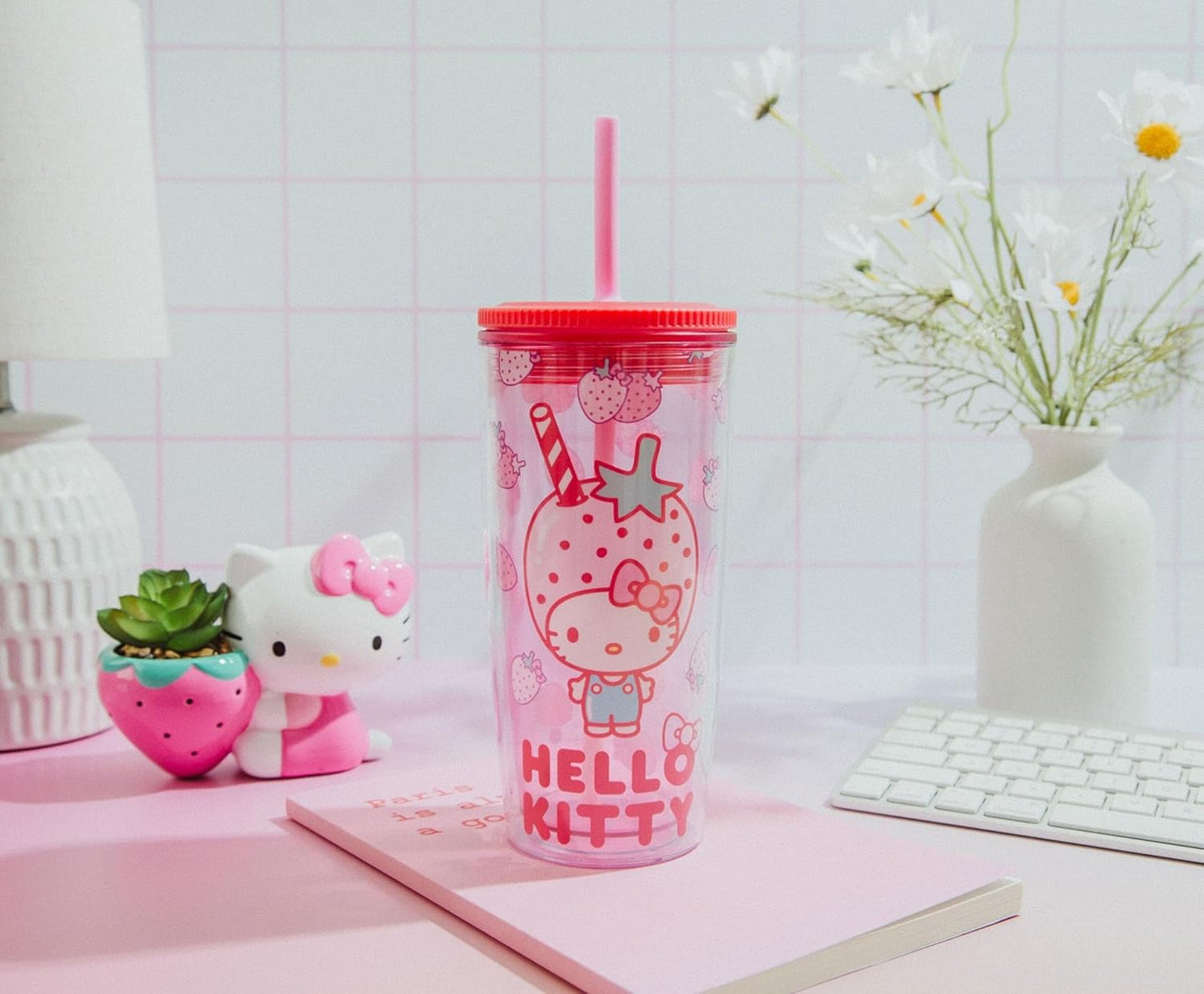 Silver Buffalo Sanrio Hello Kitty Milk Carton Pattern Plastic Boba Tumbler w Lid and Wide Straw, 24 Ounces
