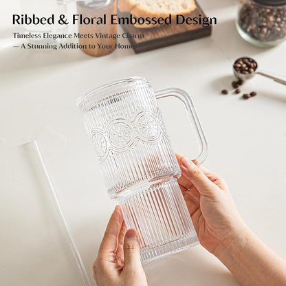 INSETLAN 24oz Ribbed Glass Tumbler with Handle & Lid – 2-Pack Large Iced Coffee Cups with Straws, Modern Glass Mug for Cold & Hot Beverages, Aesthetic Travel Cup for Smoothies, Tea, and Juice